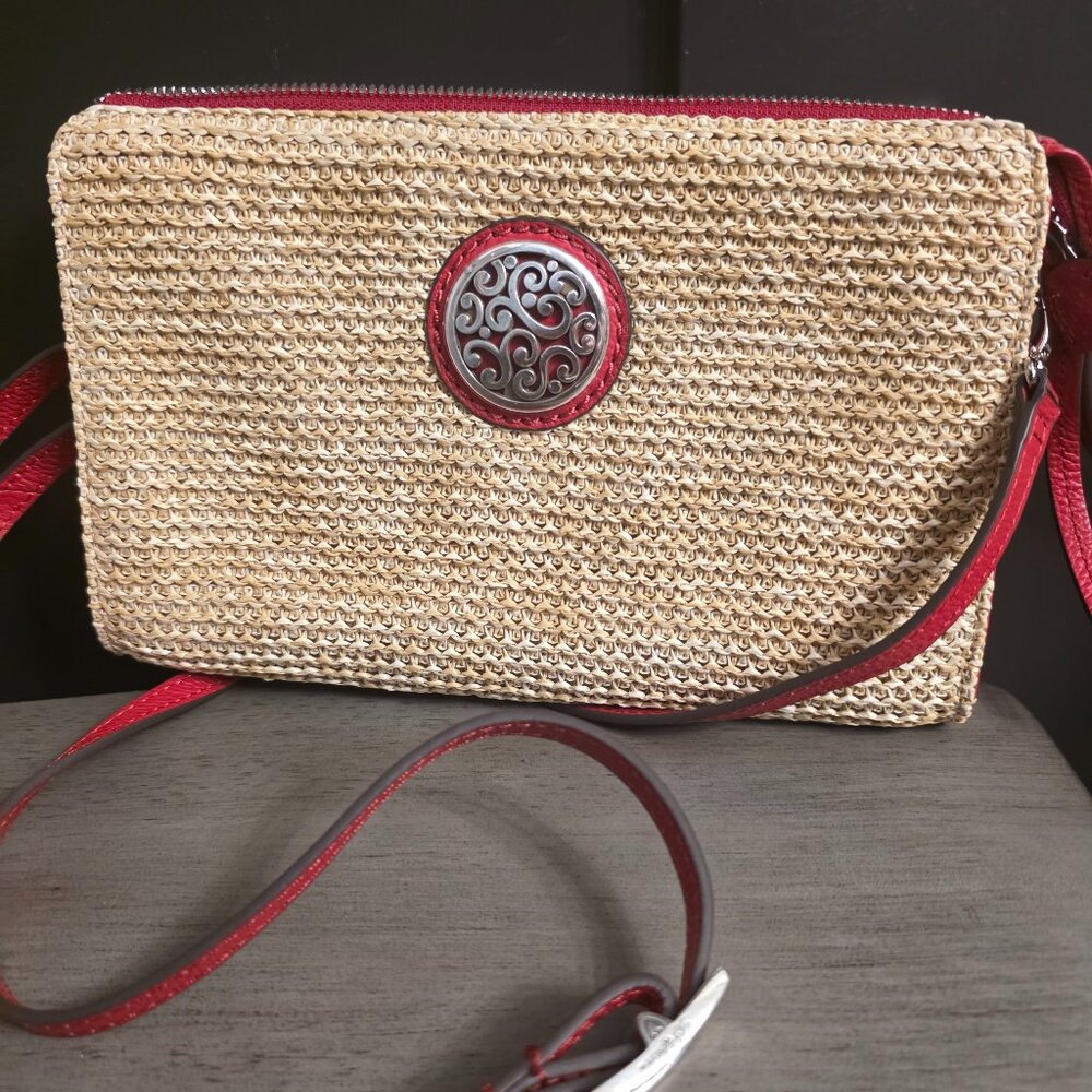 red and beige clutch purse